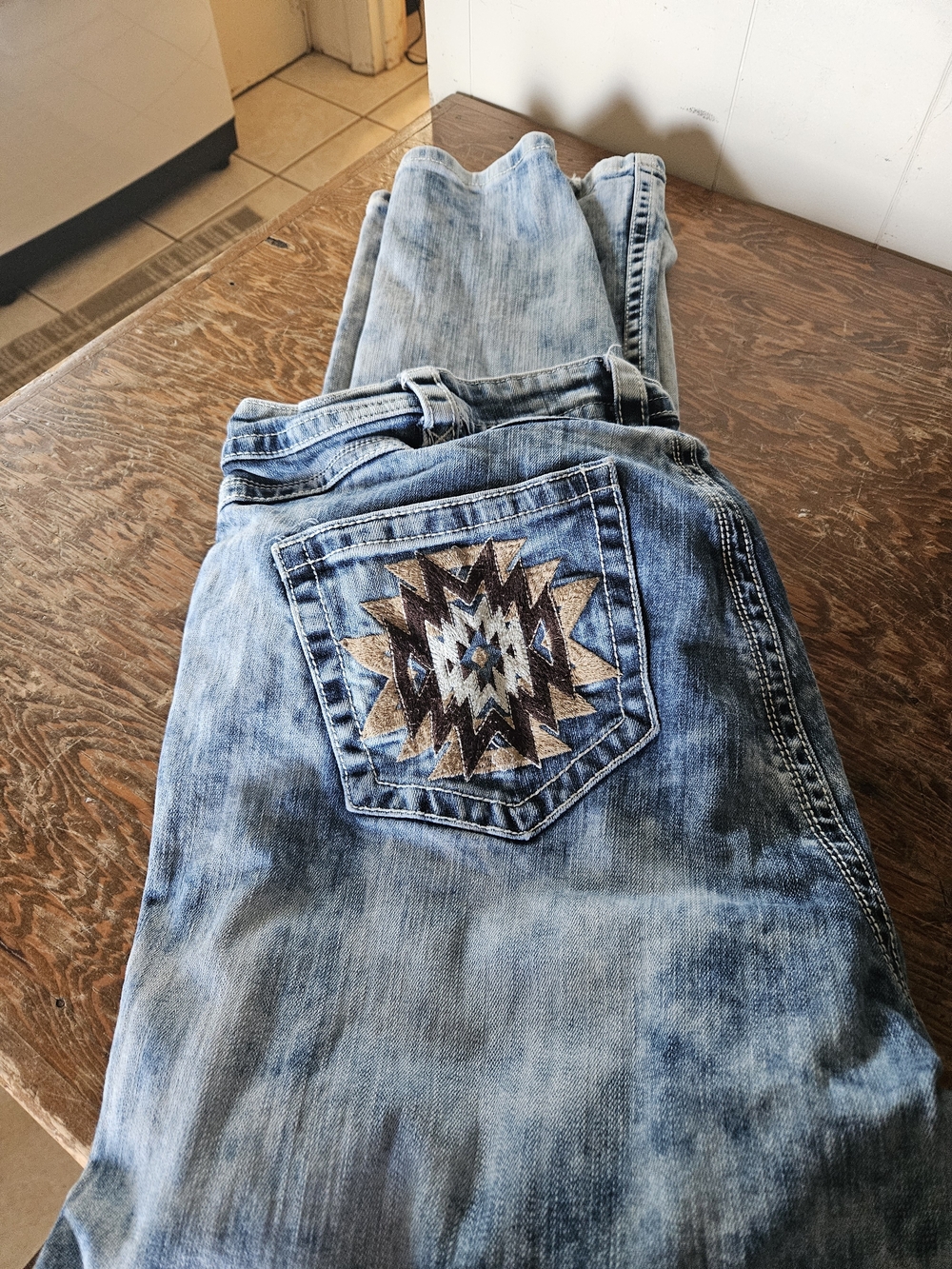 Cowgirl Tuff Dark Blue Denim Jeans with Printed Pocket - Size 36